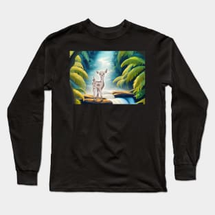 Deer in the Jungle and Waterfall Long Sleeve T-Shirt